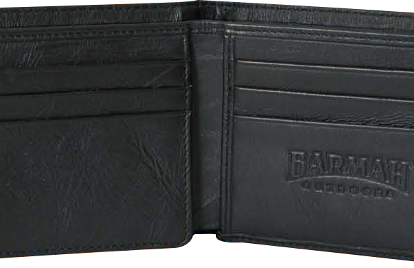 Open black leather wallet with card slots