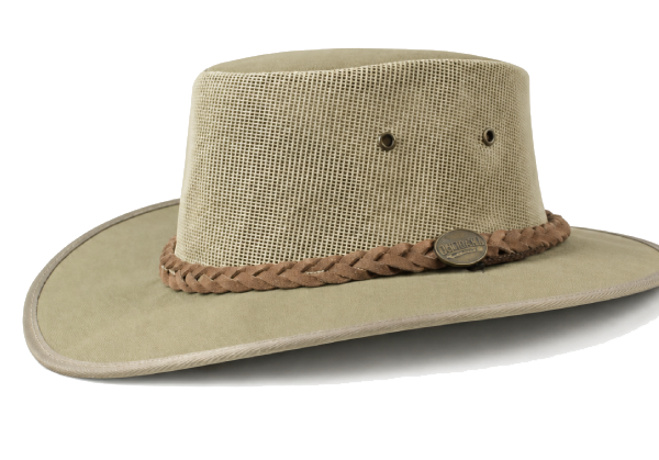 tan safari hat with braided leather band