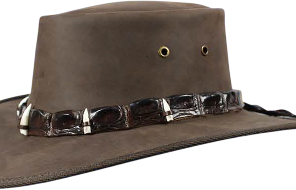 Wide-brim brown leather outback hat with band